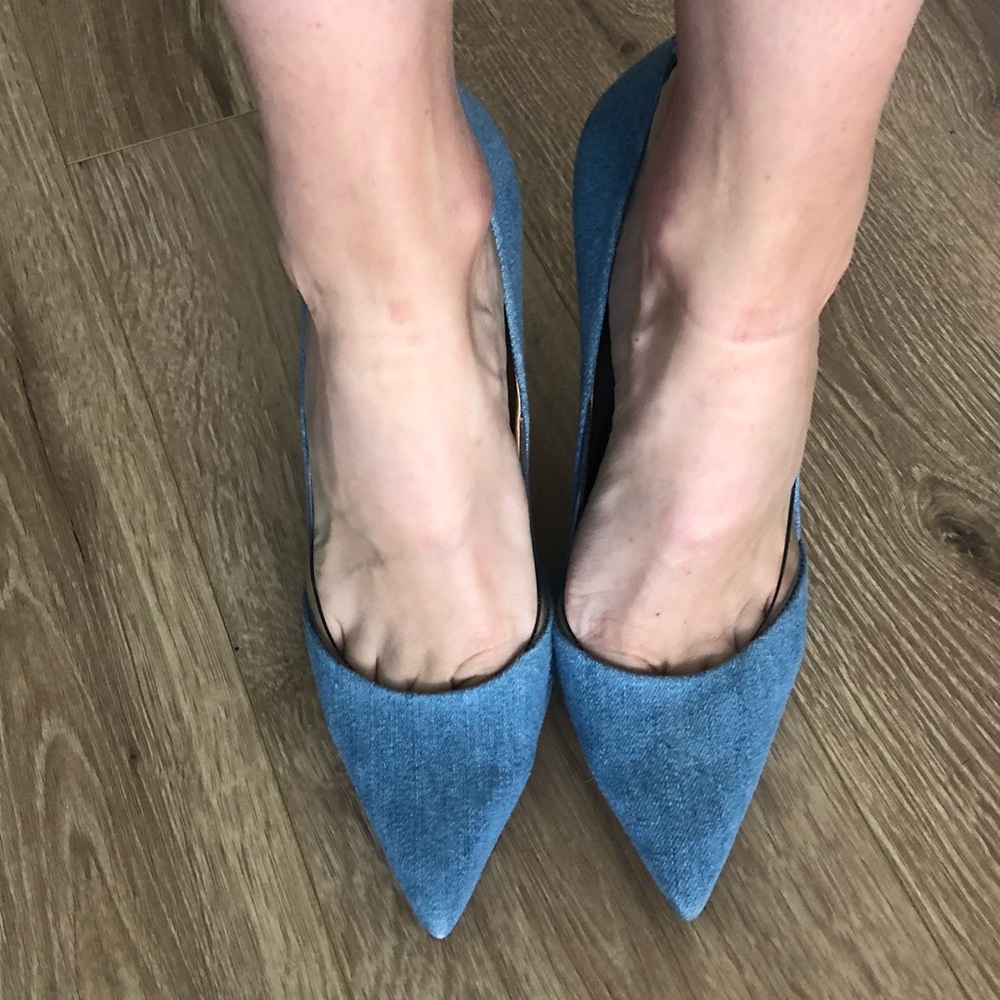Schutz blue denim pointy toe heels